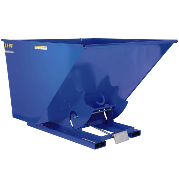 A blue metal Vestil self-dumping hopper with a metal handle.