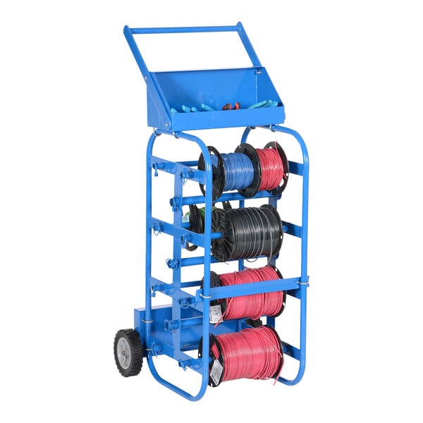 A blue Vestil wire reel caddy with spools of wire.