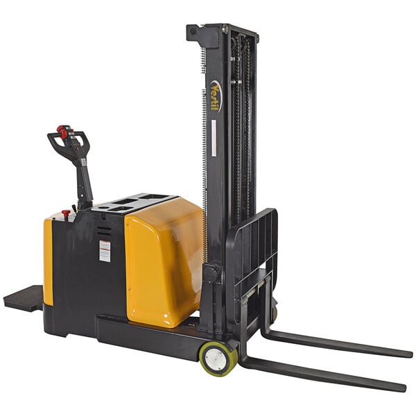 A yellow and black Vestil counter-balanced forklift with adjustable forks.