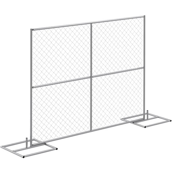 A Vestil steel construction barrier with chain link fencing attached to metal poles.