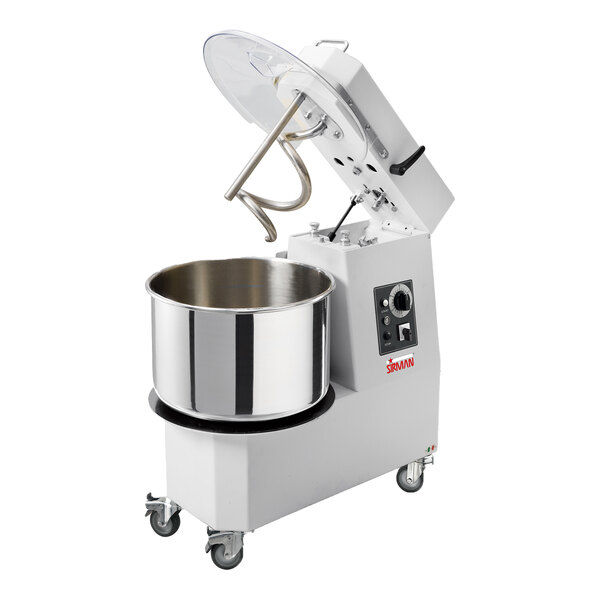 A commercial two-speed spiral dough mixer with a tilting head and removable stainless steel bowl.