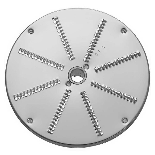 A circular metal Sirman grating / shredding disc with holes.