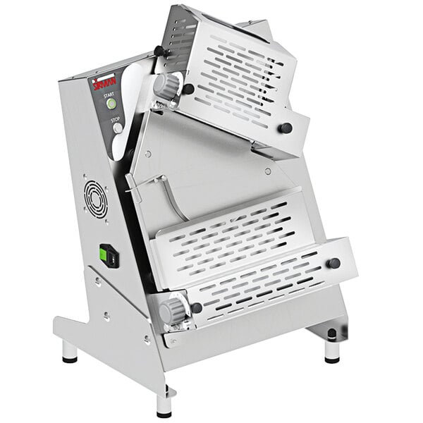A Sirman countertop dough sheeter with two stages and a button on the side.