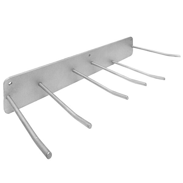 A stainless steel wall support hanger with four metal hooks for Sirman Vortex Immersion Blenders.