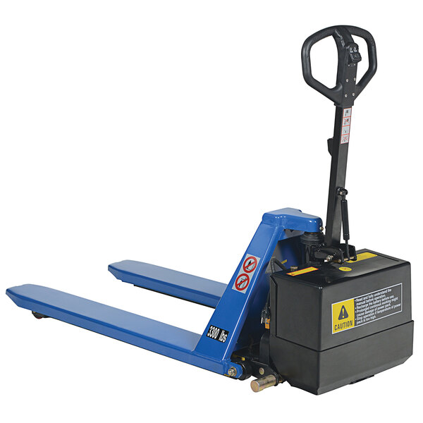 A blue and black Vestil battery-powered tote lifter with a handle.