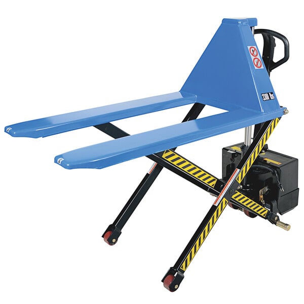 A blue Vestil battery-powered lift truck with wheels.