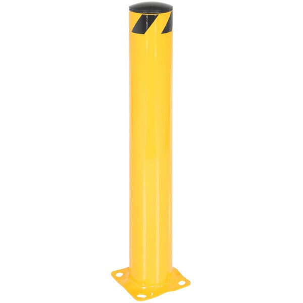 A yellow steel bollard with black stripes.