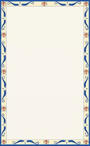 White rectangular menu paper with a blue and red Mediterranean border.