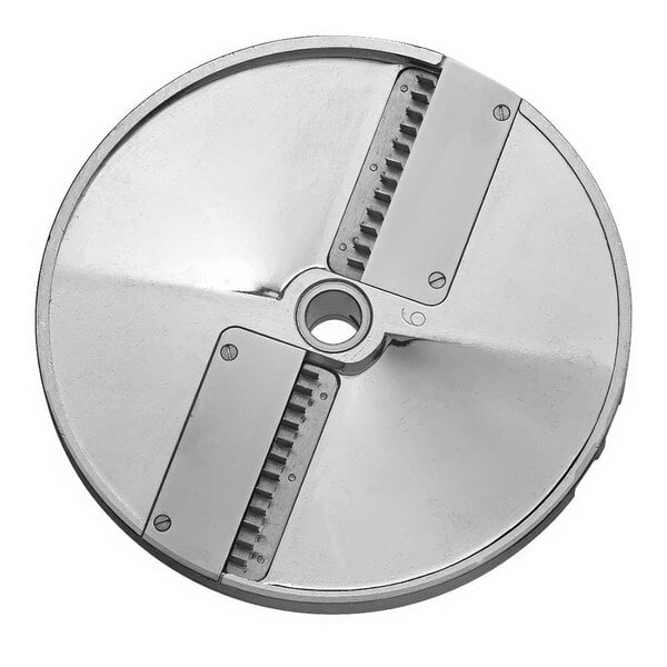 A circular metal Sirman food processor disc with holes.