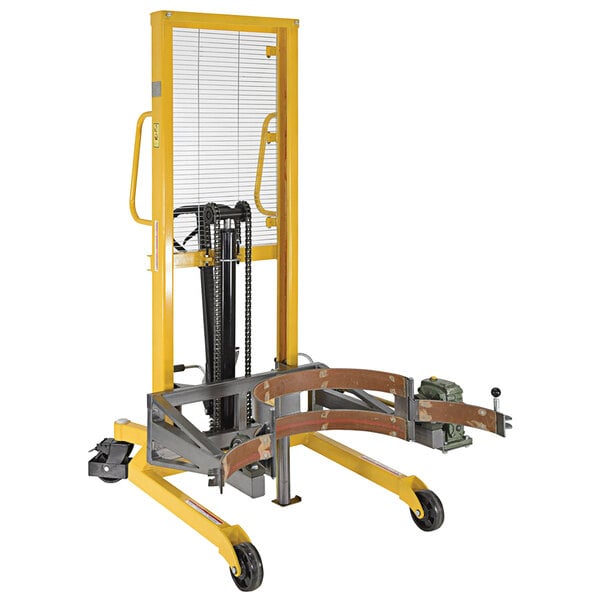 A yellow and silver Vestil steel drum lifter and transporter.