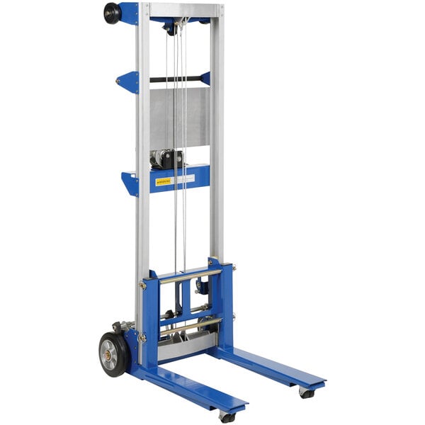 A blue and silver Vestil hand winch fork lift truck with wheels.