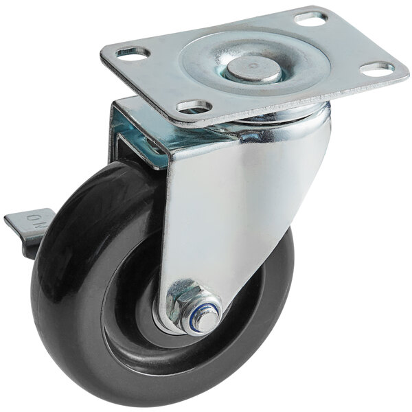 A Cooking Performance Group swivel plate caster with a black and silver metal wheel and a black metal plate.