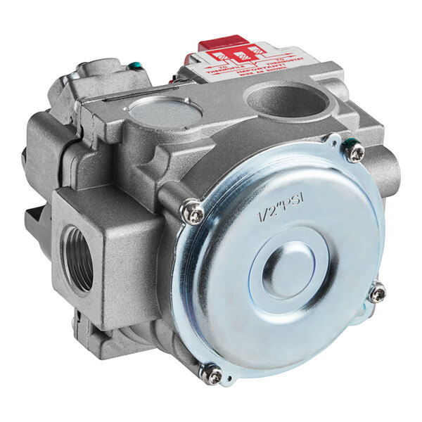 A silver metal Cooking Performance Group natural gas combination valve with a round metal disc.