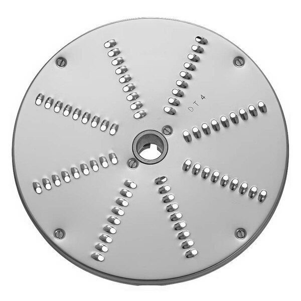 A circular metal Sirman grating disc with holes.