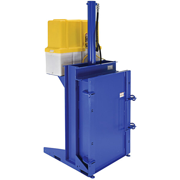 A blue and yellow Vestil Hydraulic Drum Crusher machine.