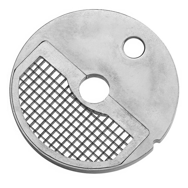 A circular metal dicing grid with holes.