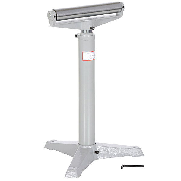 A silver metal Vestil horizontal roller stand with a screw on it.