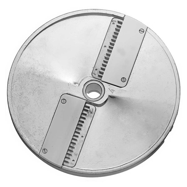 A circular metal Sirman Julienne Cutting Disc with two blades and holes.