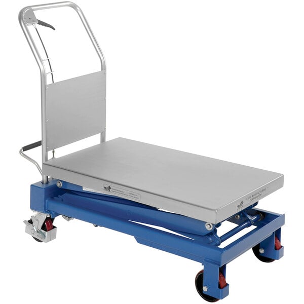 A blue and silver Vestil hydraulic elevating cart with wheels.