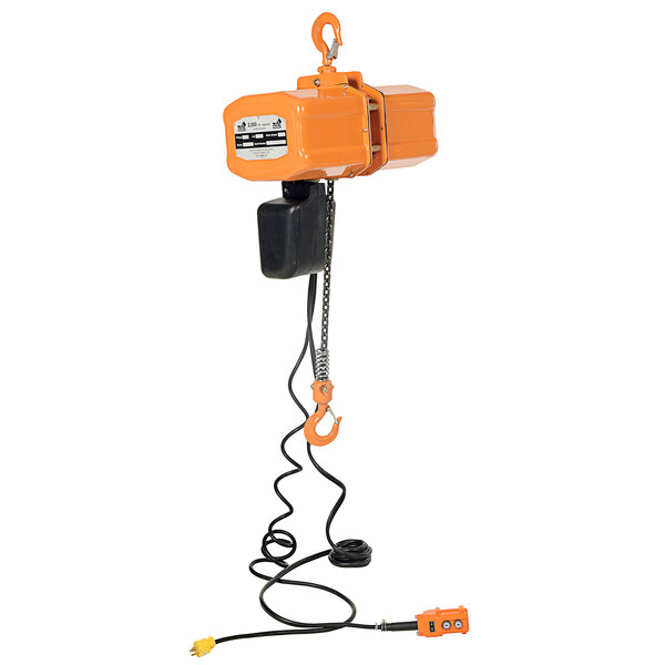 A Vestil powered hoist chain with a cable attached.