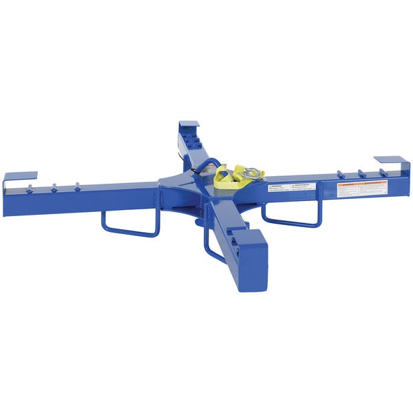 A blue metal Vestil bulk bag lifter with yellow hooks.