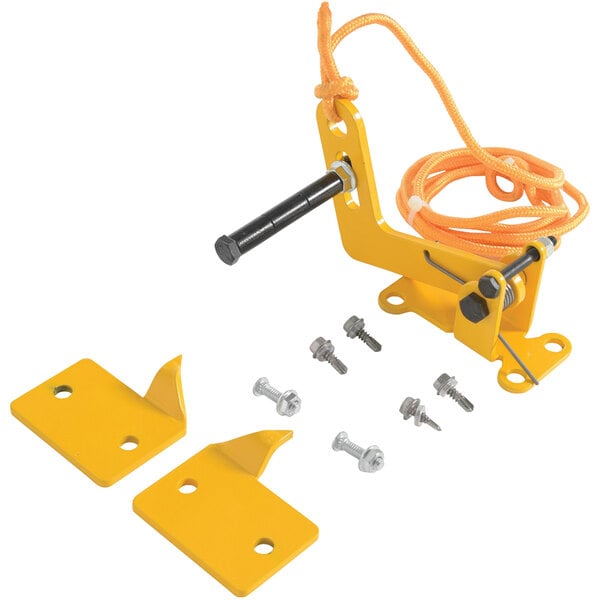 A yellow Vestil DR-LOCK overhead door lock with screws and bolts.