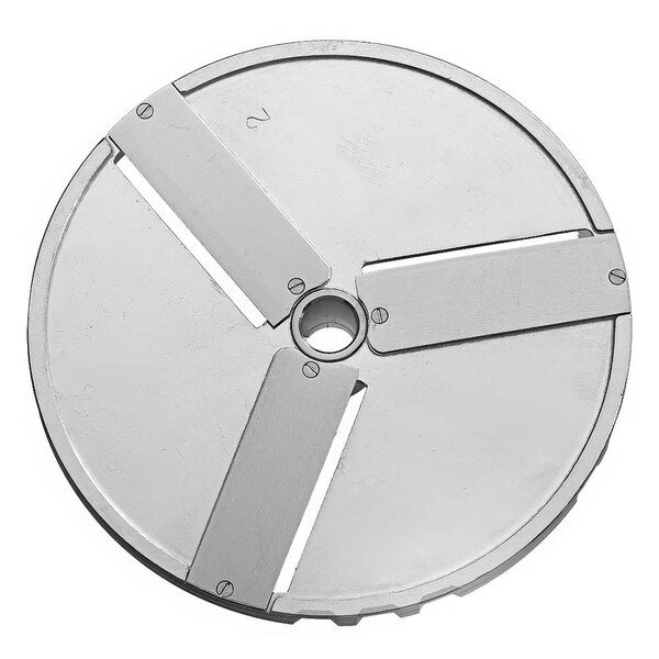 A circular metal Sirman slicing disc with holes.