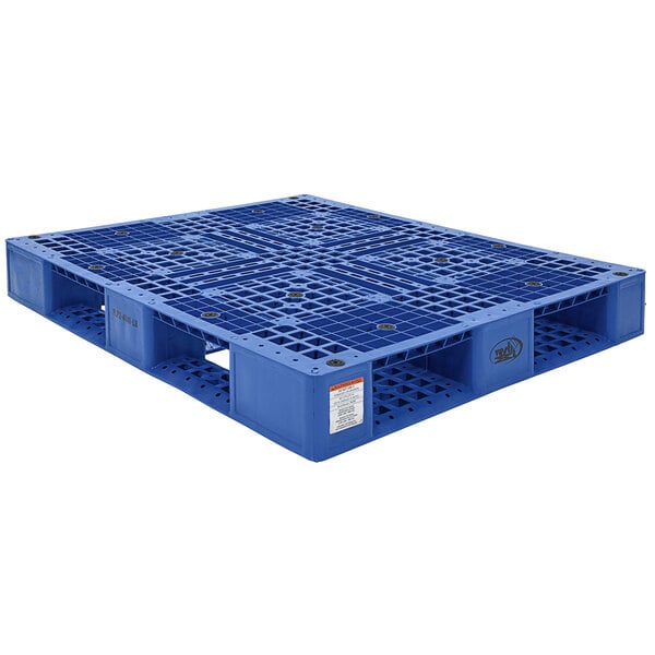 A blue Vestil plastic pallet with holes in it.