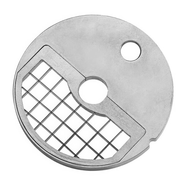 A Sirman metal dicing grid with circular holes.