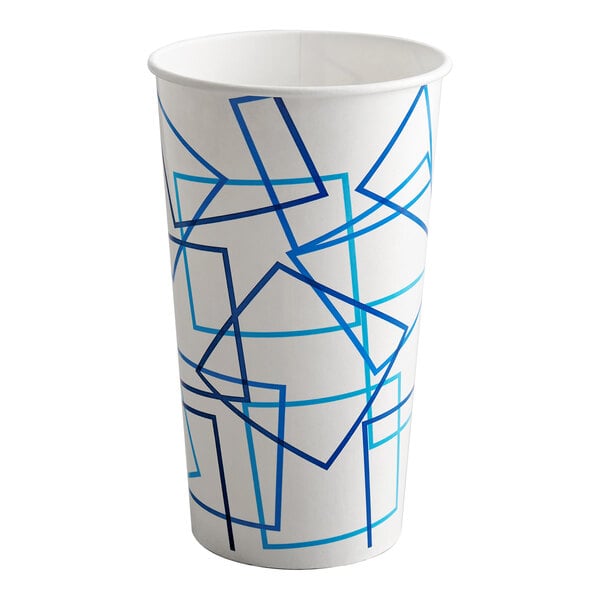 A white paper cold cup with blue lines on it.