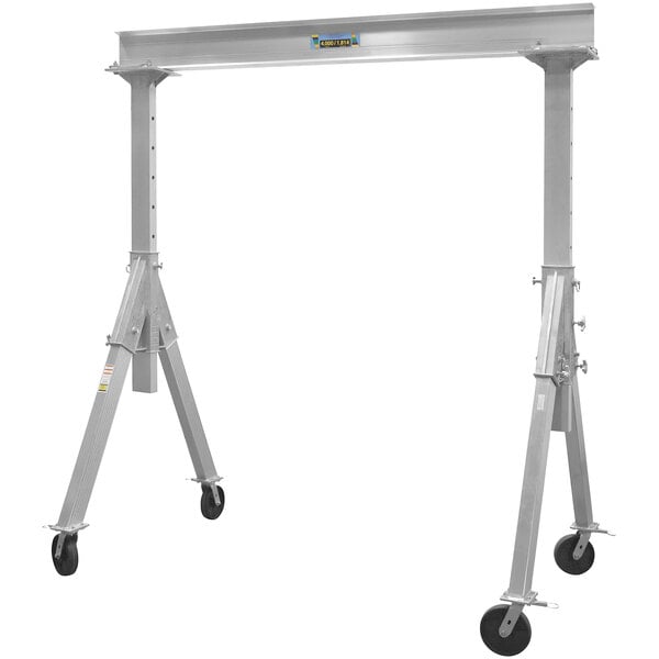A Vestil aluminum folding gantry crane with wheels.