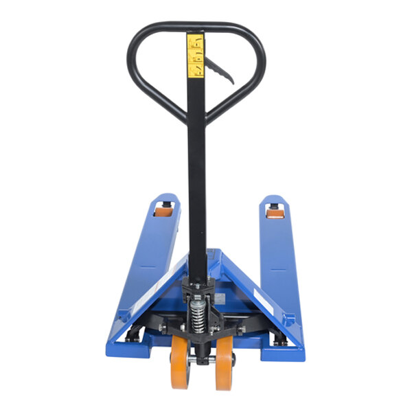 A close-up of the wheel of a blue and orange Vestil hand pallet truck.