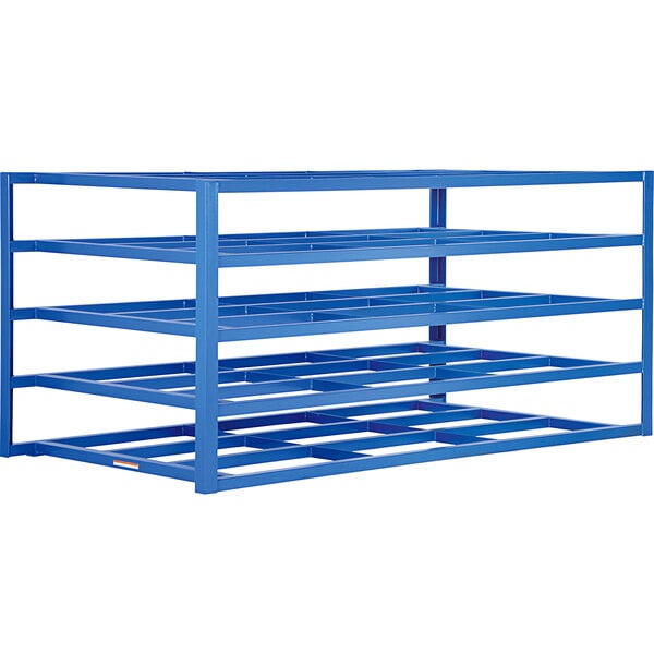 A blue metal Vestil sheet material rack with five shelves.