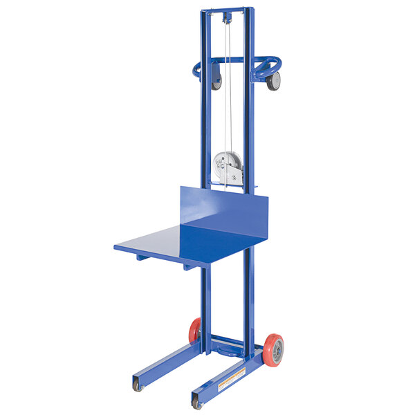 A blue steel cart with a winch and wheels.