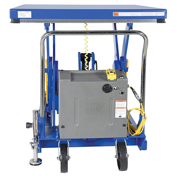 A blue and yellow battery-powered lift table with a grey platform and yellow buttons.