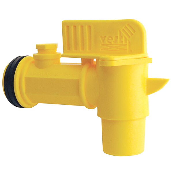A yellow plastic pipe with a black and yellow valve.