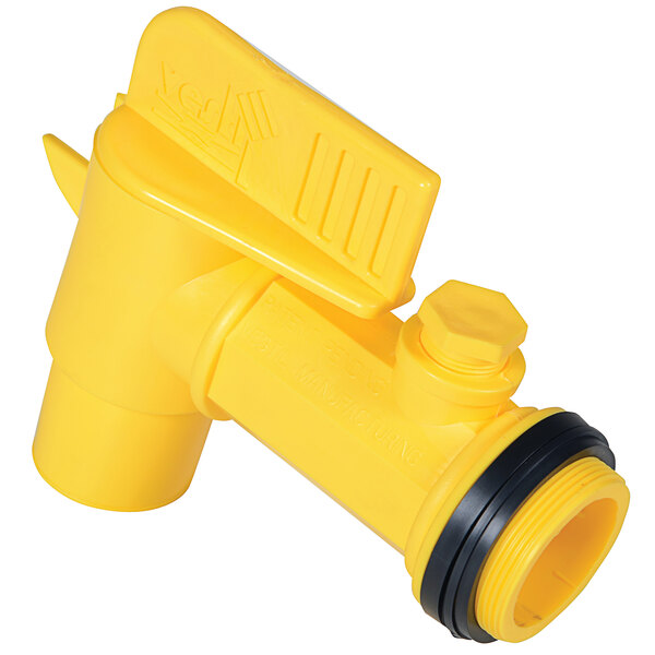 A yellow Vestil manual polyethylene drum faucet.