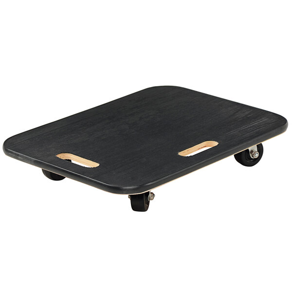 A black square Vestil fiber wood dolly with wheels.