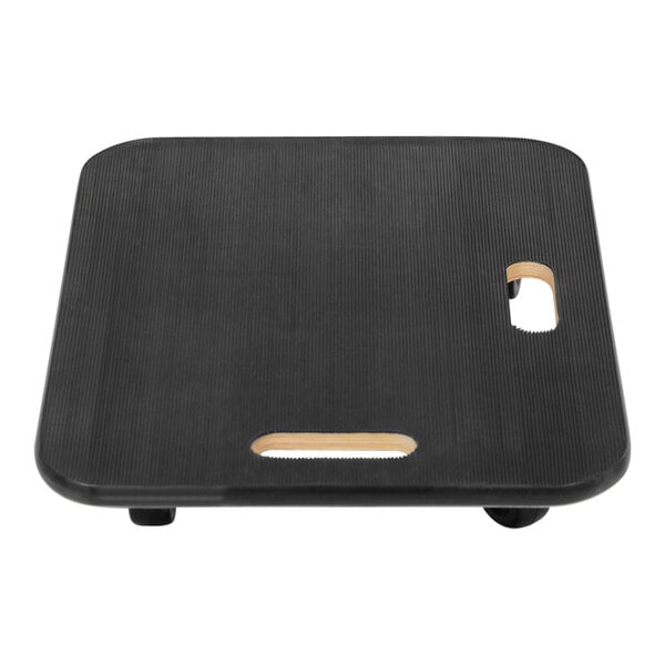 A black square Vestil fiber wood dolly with non-marking casters.