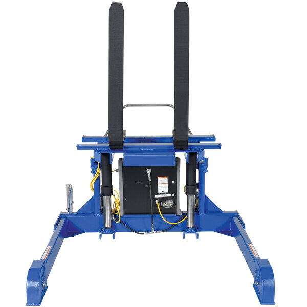 A blue Vestil Tilt Master pallet tilter with black handles.
