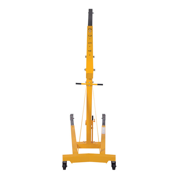 A yellow Vestil hydraulic telescoping crane engine hoist with black handles and wheels.