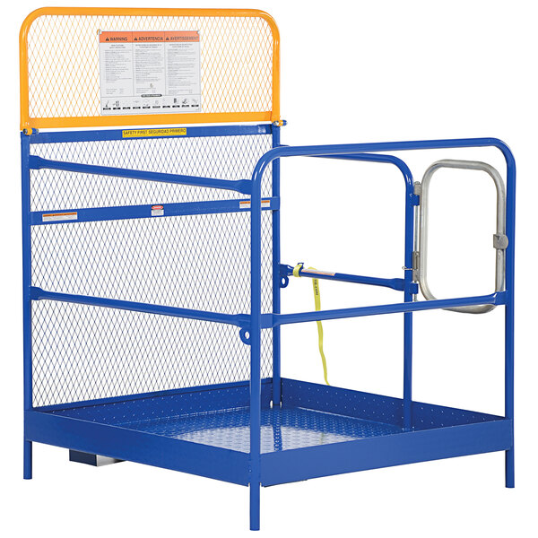 A blue and yellow steel work platform with a blue and orange metal cage.