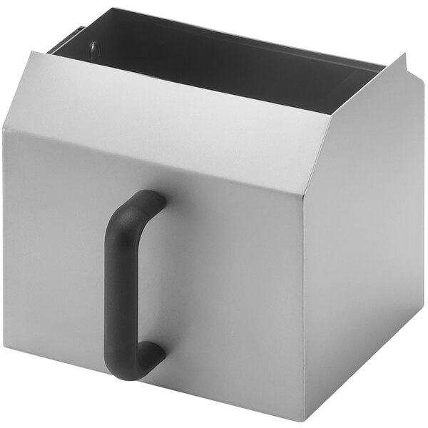 A silver rectangular metal box with a black handle.