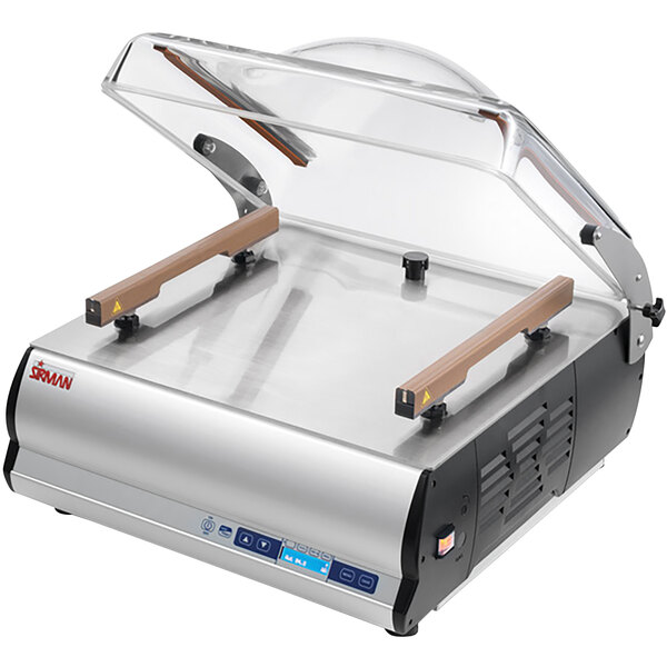 A silver and black Sirman vacuum packaging machine with a clear lid on a counter.