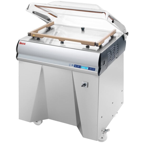A Sirman floor model vacuum packaging machine with a glass top.