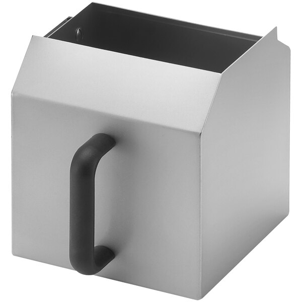 A silver metal box with a black handle.