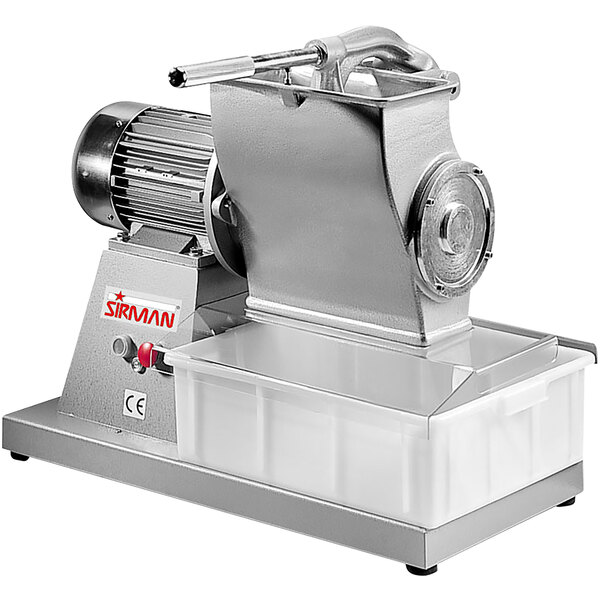 A Sirman electric hard cheese grater with a stainless steel blade over a white background.