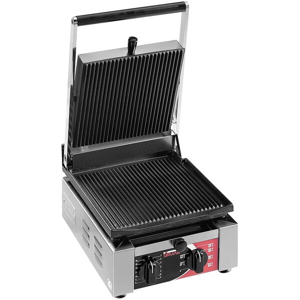 A Sirman ELIO R single panini grill on a counter.