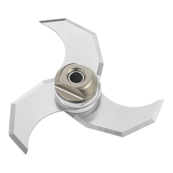 A metal hub with three smooth, curved blades designed for a Katana 12 PTO bowl cutter.