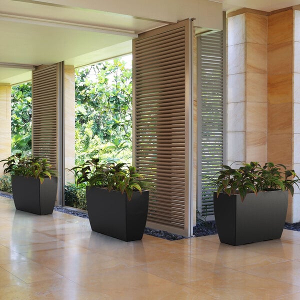 Three black Mayne Kobi trough planters with plants in pots.
